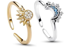 BENIFILE Adjustable Celestial Sun and Moon Ring,Sparkling Sun Ring/Blue Moon Ring with 14k Gold/Silver Plated,Daily Stress Relief Ring Jewelry Adornment Stackable Ring
