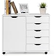 CASART Rolling File Cabinet, 5/7 Drawers Freestanding Storage Organizer Cupboard on Wheels, Home Office Lateral Filing Chest (White, 5 Drawers + 1 Door)