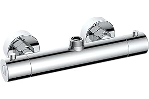 ENKI, Dune, T32, Chrome, Thermostatic Shower Mixer Valve, Bar Shower Mixer Valve, Anti Scald Device, Modern Design, Constant Temperature Control, Top Outlet, for Rigid Riser Rails or Slider Rails