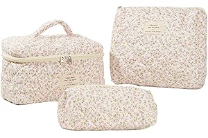 Starnearby Lot de 3 Trousse de Toilette Matelassée Femme en Coton Doux, Trousse de Maquillage Fleurie, Pochette de Rangement Maquillage, Trousse de Beauté, Trousse Cosmétique Voyage