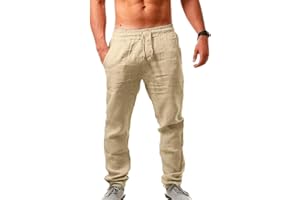 KQIVAM 2025 Pantalon Lin Homme Taille Elastique été Yoga Pantalons Hommes Lin et Coton Décontracté Pantalon Toile Été Pant Léger Taille Elastique Coupe Droite avec Cordon de Serrage Vêtement Pas Cher