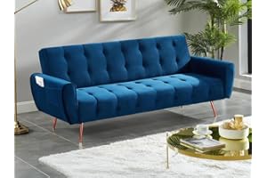 Vente-unique-Sofá Cama de 3 plazas de Terciopelo POLANI - Azul Noche