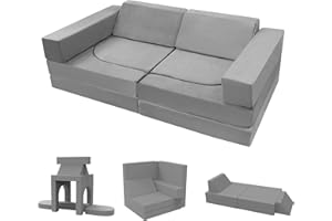 MeMoreCool 10-Pieces Kids Play Sofa Bed, Modular Toddler Chair Couch for Playroom, Fold Out Foam Couch for Girls Boys, Convertible Children Sectional Playset, Grey