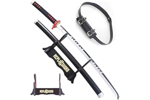 REPLIKSWORD Demon Slayer Katana Tanjiro Sabre Version 2 Lame en Bois Kamado Epee Kimetsu No Yaiba Cosplay + Presentoir en Bois + Ceinturon