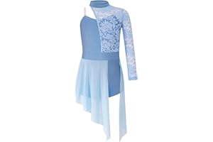 TTAO Enfant Fille Robe Ballet Danse Classique Asymétrique Une Manche Longue Justaucorps Gymnastique Dentelle Léotard Jazz Latine Robe Sport Patinage Dancewear 5-16 Ans
