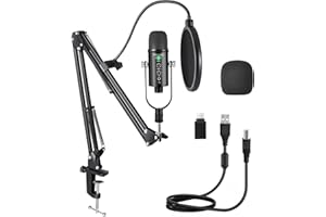 Aveek Kit de micrófono USB, micrófono Condensador de Metal, Kit de micrófono Podcast con cancelación de Ruido y monitoreo de Auriculares para grabación de transmisión, MacOS, Windows, teléfono Tipo C