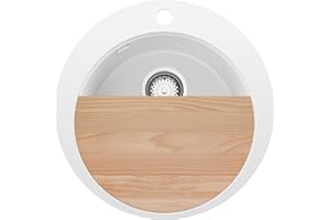 PRIMAGRAN Fregadero Cocina Circular Blanco 50x50cm, Granito 1 Seno + Sifón + Tabla de cortar, Sobre encimera al mueble 45cm - Pisa S020