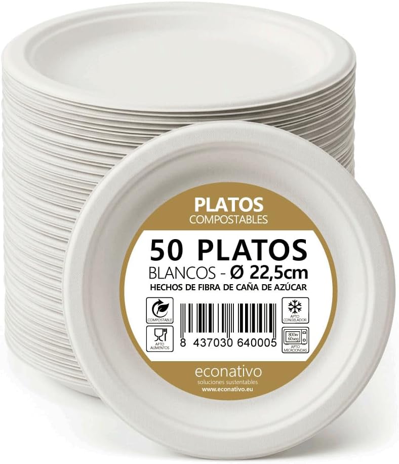 Econativo Platos 22,5 cm Desechables de Fibra de Caña de Azúcar - Pack 50 Unidades - Compostables, Resistentes y Ecológicos – Vajilla para Eventos, Catering y Uso Diario