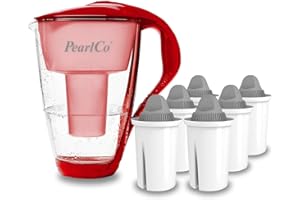 PearlCo - Filtro per Acqua in Vetro (Rosso) con 6 cartucce filtrante Protect+ Classic - Adatto per Brita Classic