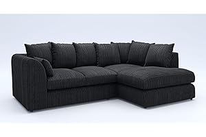 GAMZO OUTLET New Gamzo Fabric Corner Sofa Firm | Soft Jumbo Cord 3-4-5 Seater Corner Sofa Left/Right Hand Facing) (Black, Right Hand Facing)