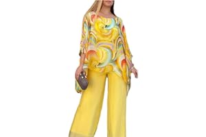 AMOUSD Buntes Chiffon-Set für Damen, Sommer, lässig, Rundhalsausschnitt, bedruckt, zweiteiliger Anzug, abstrakter Druck, Oberteil und Hose mit weitem Bein