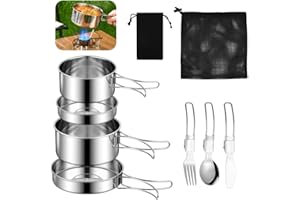 SLTAXAR Set di Pentole da Campeggio Acciaio Inox Stoviglie da Campeggio Pieghevole in Acciaio Inox 2-3 Persone con Pentola Padella Posate Piatti Ciotole per Campeggio Trekking Picnic Escursionismo