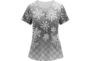 GRACEYO Damen Weihnachten Motiv Bunt Pflege Kasack Kurzarm V-Neck Krankenhaus Schlupfhemd Berufsbekleidung Atmungsaktiv Krankenpfleger Kasack Pflege Bluse Arzt Uniform Krankenschwester Kleidung Mit Taschen