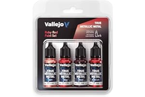 Vallejo Peinture Métallique True Metallic Ruby Red, Set de 4 Couleurs pour Métaux, BASE, LIGHT, SHADE, AIRBRUSH, Système BSL, Résultats Consistents et Adaptables