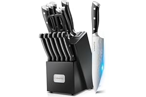 VINATO Cuchillos Cocina, Bloque de Cuchillos de 14 Piezas con Afilador, Juego de Cuchillos de Cocina con Aspecto de Damasco, Bloque de Cuchillos con Juego de Cuchillos de Chef Profesional