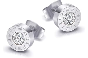 Feilok - Orecchini unisex, in acciaio inox neutro, con numeri romani e zirconi, idea regalo per Natale e compleanno