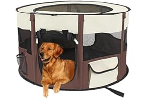 MYKOMI Foldable Pet Playpen Kennel, Portable Collapsible Carrying Case Breathable Mesh Indoor/Outdoor Use for Dogs Cats Puppies Kittens Brown (35x35x22in)