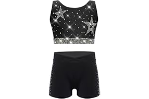 Freebily Tuta Ginnastica Artistica Bambina Crop Top Canottiera Stringer Ragazza Pantaloncini Vita Bassa Elastica Leggins Corti Sportivi Fitness Completo Danza Moderna