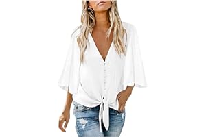 TIMEMEAN Tunique Femmes Chemisier Noué à Manches Cloche Chemises Décontractées à Manches Courtes Et Col en V Boutonnées De Couleur Unie