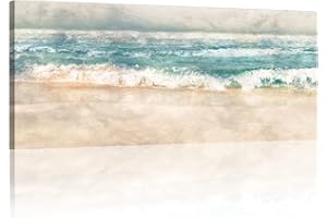 FajerminArt Cadre en Bois Grande Impression sur Toile Moderne Mural Plage Bord de mer Peintures sur Toile Abstrait Bleu Turquoise Tableau Decoration Murale Salon Chambre prêt à accrocher 50x120 cm