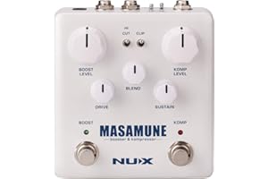Nux NBK-5 Masamune Booster & Compressor Pedal, Pédale d'effets pour guitare électrique (niveau de Comp, Drive, Blend & Sustain Controls, 4 interrupteurs, alimentation 9 VDC), Blanc