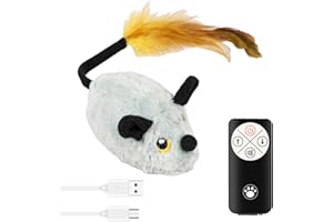 FYEME Jouet électrique pour chat et chien - Souris de jeu avec queue en plumes - Lumière LED - USB - Sons réalistes - Avec télécommande (gris)