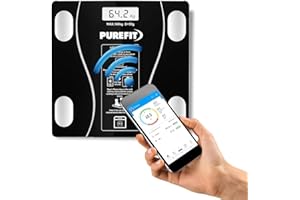 PUREFIT Digital Body Fat Scale Smart App Controlled With 13 Key Body Compositions Measurement Weight BMI Water Muscle Mass Weighing Scale Backlit LED Display High Precision 180KG Max Battery Included