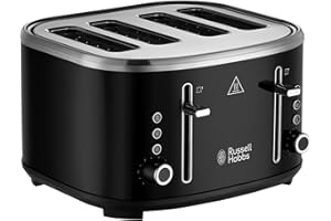 Russell Hobbs 4 Slice Toaster (Independent & Extra wide slots, 6 Browning levels, Frozen, cancel & reheat features with blue indicator light, removable crumb tray, Black) Stylevia 26292