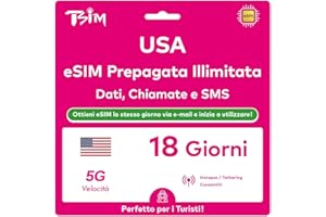 TSIM USA eSIM 18 Giorni. Rete T-Mobile con Dati Illimitati ad Alta Velocità, Chiamate Locali e SMS negli USA (Hawaii Incluse). Ricevi eSIM Stesso Giorno via Email e Inizia a Usare Immediatamente!