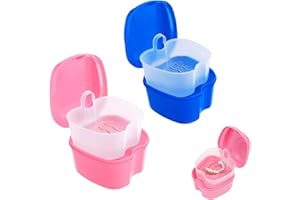 VEXQUIVERA 2 Piece Denture Box False Teeth Container With Filter Hinge Denture Storage Box Integrated Denture Set Orthodontic Fixator Box Denture Storage Container Denture Cleaning Box Portable (Dark Blue&Pink)