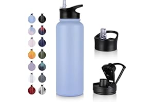 UMBFUN Stainless Steel Drinking Bottle - 1.2 L - with Straw, Leak-Proof, Suitable for Carbonated Drinks, BPA-Free Thermos Bottle (+ 2 Lids) Vacuum Double Wall Insulation for Sports, Travel, Camping,