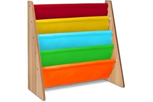 LIVIVO Children's Colourful Sling Storage Bookshelf – Easy Access Wooden Book Storage Rack with Soft Nylon Fabric Shelves Shelf to Protect your Kids Books (Multi-Colour)