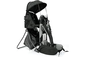 Lil' Boss Kinder Rückentrage Wandern, FASports Kindertrage 20kg bis 25kg, ergonomische Kindertrage Rucksack mit Regen- und Sonnendach, Kinderkraxe Kleinkind Grau/Schwarz, 50 x 38 x 90 cm