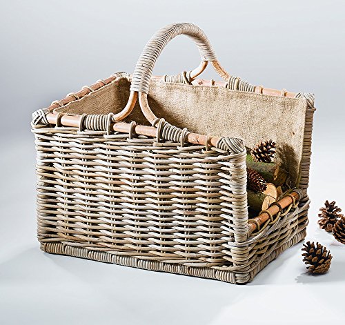 Kaminholzkorb Universalkorb Kaminkorb Rattankorb Holzkorb Holztrage Rattan grau Leinenstoff - 2