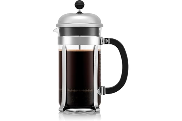 Bodum French Press Chambord - 1L / 8 Tasses Argent Cafetière - Verre Résistant & Filtre Inox - Sans BPA Passe au Lave-Vaisselle - Fabriquée au Portugal