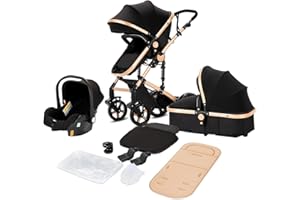 Magic ZC Poussette 3 en 1, Pousette Trio avec Conception Portable Pliable en Un Clic, Poussette Combinée Réversible Bidirectionnelle, Pousette Bebe avec Accessoires (588 Black Gold)