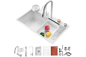 FIVIXIL Fregadero de cocina rainfall single groove fregadero con grifo de extracción, lavavajillas presurizado, tabla de cortar, cesta de drenaje, así como otros accesorios (White, 75 * 45 * 21cm)