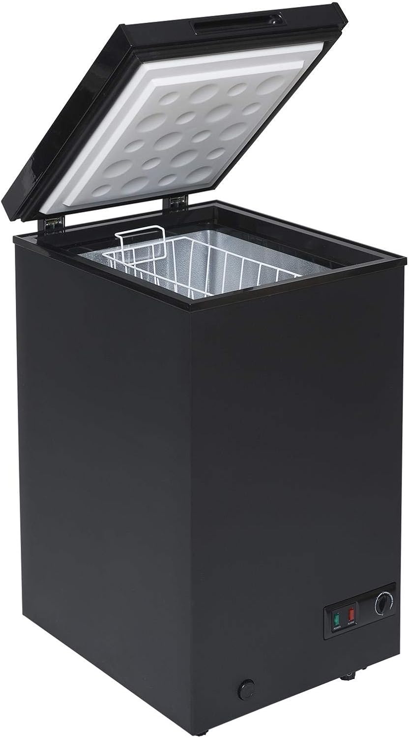 SIA CHF100BL Black Chest Freezer with Removable Wire Basket, 80L Freestanding Freezer, 48cm Wide, Adjustable Temperature Control, E Rated, 2 Years Parts And Labour Guarantee