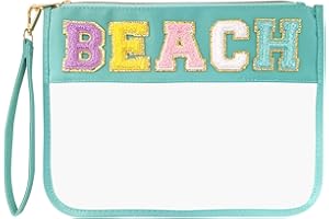 YOOLHAMY Bolsa de Aseo Mujer Viaje Nylon Neceser Maquillaje Organizador con Chenille Patch Letter Grande Bolsa Transparente Avion Impermeable para Mujeres Niñas Adolescentes Niños