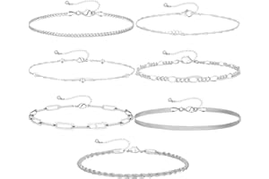 YUFFQOPC 7 Pcs Women Silver Anklet, Layered Ankle Bracelets, Silver Ankle Chain Women's Anklet Set Adjustable Trendy Cuban Link Snake Tennis Figaro Chain Ankles Summer Beach Foot Jewelry Gifts for Women