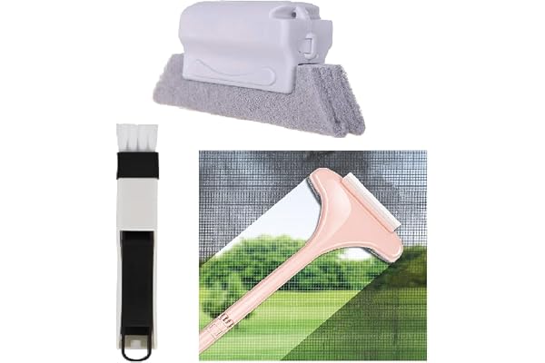 HOUVIDA Complete Window Cleaning Set: Groove Cleaner, Wiper And Mesh Cleaner, Slot Cleaner Brush With Mini Pan Durable Plastic Handle (Set Of 3 Piece), Multicolor