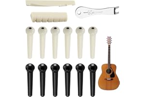 EMODWEY 12 Stück Gitarre Pins Brücke Kunststoff Gitarre Bridge mit 2 PCS Gitarrensteg Sattel, 2 Gitarrensätteln, Stegpin-Entferner und Einbauwerkzeug, ideal für Akustikgitarren – Verbessert Tonqualität