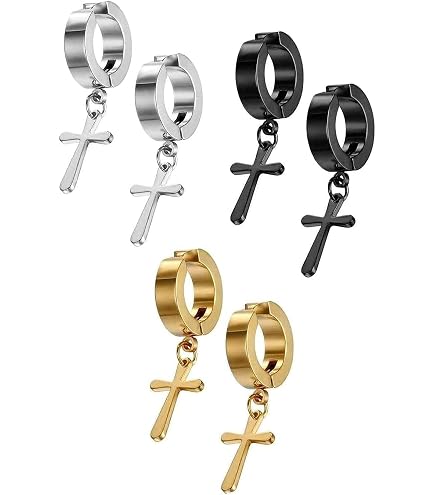 Epoch World 5 Paia Orecchini Croce per Uomo Donna in Acciaio Inossidabile, Orecchini Croce Donna, Orecchini Cerchio Argento, Orecchini Pendente Oro Nero Piercing