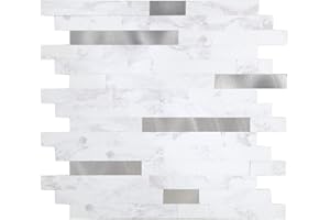 Yipscazo 1 Sheet Peel and Stick Stone Metal Tile Backsplash, Stick on Tiles for Backsplash Kitchen, Bathroom, Laundry Room, Camper, Fireplace (12'' X 12'', Carla White Stone)