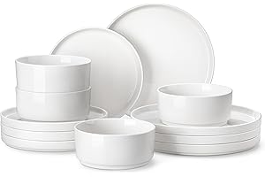 MALACASA, Série LEAH, Service de Vaisselle 12 Pièces en Porcelaine pour 4 Personnes | avec 4 Assiettes Plates, 4 Assiettes à Dessert, 4 Bols à Céréales | Empilabe et Passe au Lave-vaisselle | Blanc