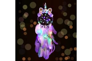 DISDARKDAY Disdardday Attrape-Rêves, LED Et Plumes Lumineuses, Capteur De Rêves Principal Pour Décorer La Chambre Et La Maison, Cadeau Décoratif Pour Filles Et Enfants, Licorne