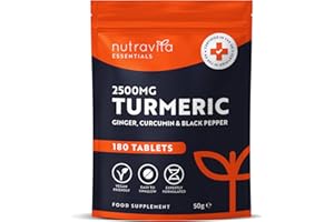 Nutravita Turmeric Tablets 2500mg with Black Pepper & Ginger - 180 High Strength Tumeric Curcumin Supplements (3 Month Supply) - Vegan - Alternative to Capsules - Letterbox Friendly - UK Made