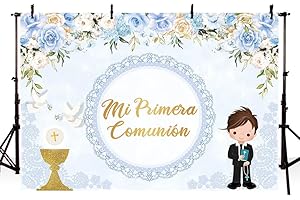 AIBIIN Telón de fondo para niños de la comunión Mi Primera de 2,1 x 1,5 m, para niños, Dios bendiga la primera comunión, fondo de fotografía, palomas de cáliz, encaje floral, decoración de fiesta,