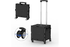 Marketero Collapsible Shopping Box Trolley on Wheels with Lid Folding Teacher Trolley Cart with Heavy Duty Wheels 360°Rotate & Telescopic Handle for Camping Shopping Moving Black