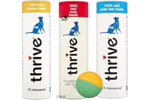 thrive 100% Real Cat Treats - Pack of 3 (Tuna and Chicken and White Fish) and free toy ball